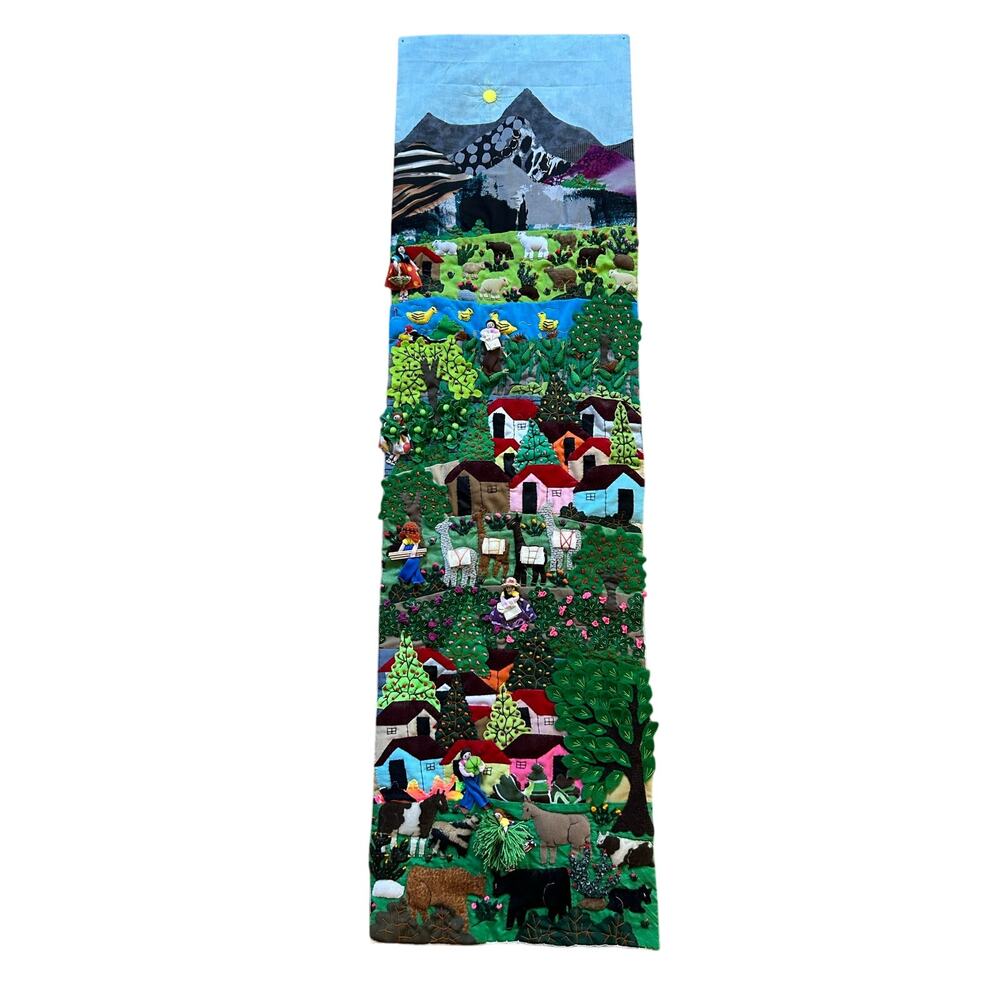 Peruvian village arpillera patchwork wall hanging 3D stitched fabric figures